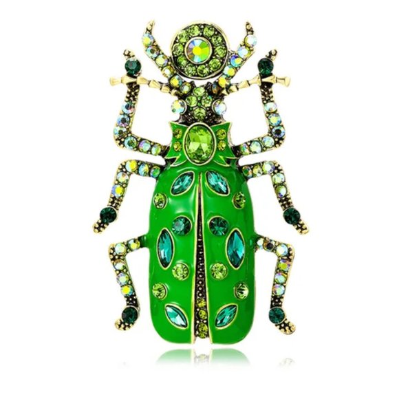 House Of Adornments Jewelry - Big beautiful rhinestone adorned Beetle Brooch in Bright Green enamel